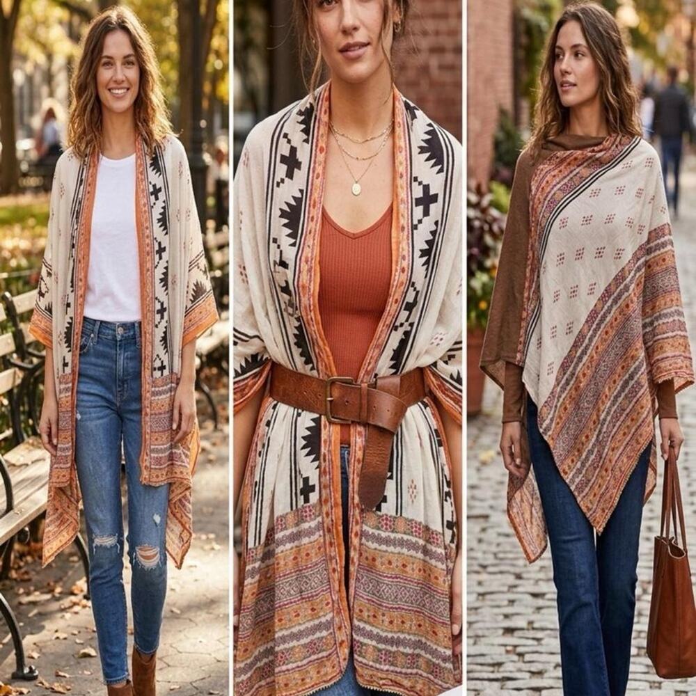 Women’s sheer Boho lightweight flowy Southwestern Geometric kimono CreamOrangeXL